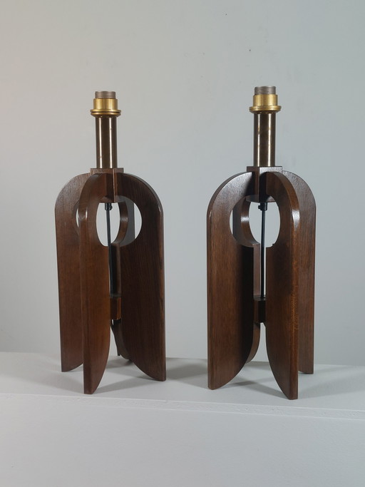 Rare vintage pair of wooden Temde table lamps