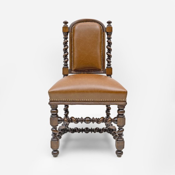 Image 1 of Six of Antique Italian Neo-Renaissance Walnut Dining Chairs in Genuine Leather.
