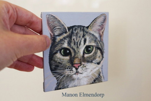 Piccolo dipinto unico, dipinto a mano, raffigurante un asino e un gatto.