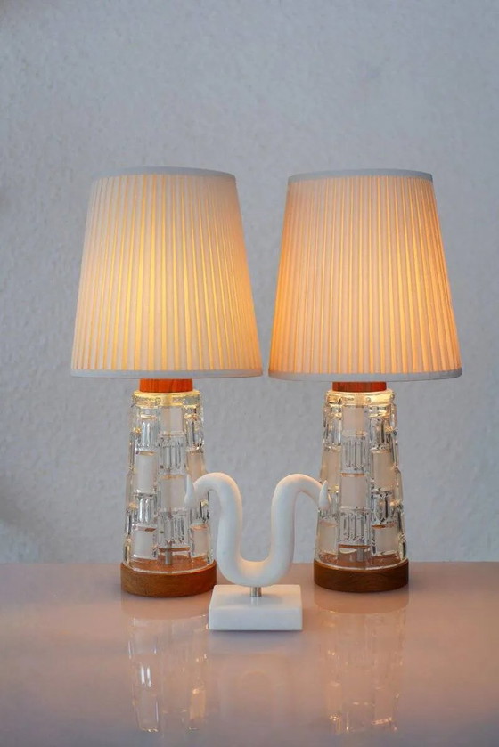 Image 1 of Mid-century modern Scandinavian teak and glass table lamps, set of 2