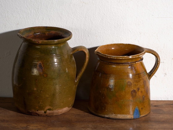 Pair of Antique Glazed Ceramic Jugs, Central Europe, circa 1920 #3, Crockery, Brown (photo 3 of 12)