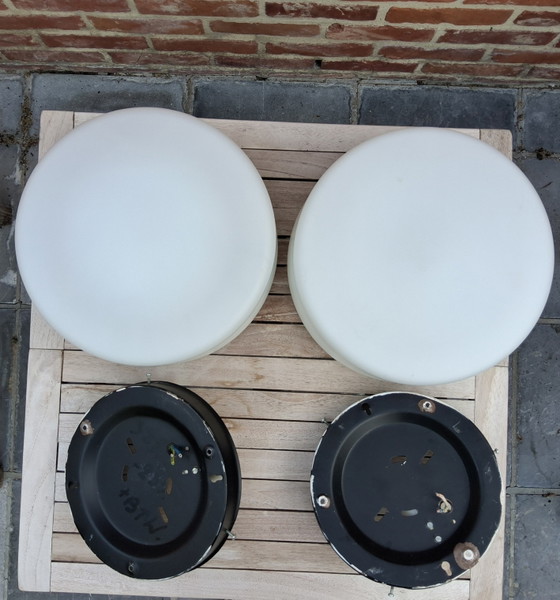 Image 1 of 2 Vintage Bauhaus-style ceiling lamps, matte white opaline glass shade