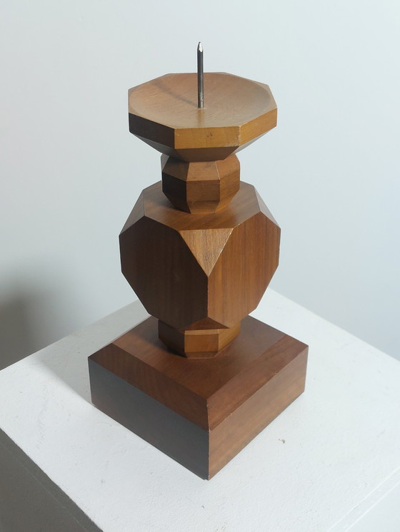 Image 1 of Vintage mid-century geometric wooden candlesticks