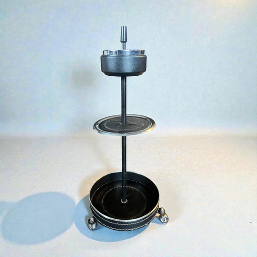 Vintage Floor Ashtray on Wheels – Mid-Century Space Age Black Metal Smoker's Stand, 70s Retro Decor