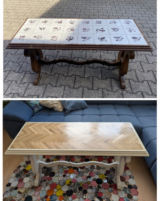 Image 1 of Pezzo unico realizzato a mano: tavolino da caffè con parquet in rovere a spina di pesce e curve eleganti