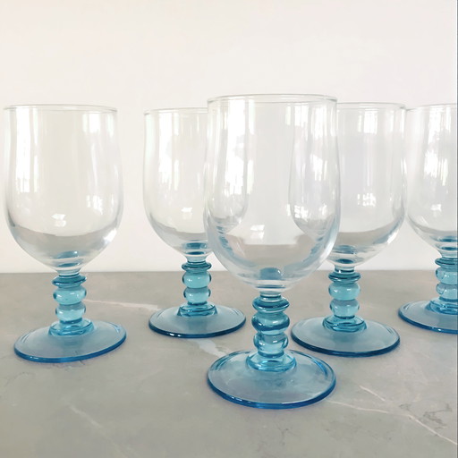 Set Of 6 Vintage Luminarc Wine Glasses With Elegant Bright Blue Base