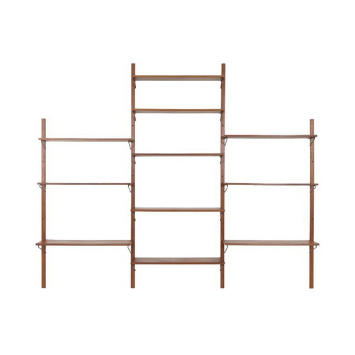 Sistema de estanterías modulares danés de la década de 1960: módulo de pared de chapa de teca con once estantes. – wandrek