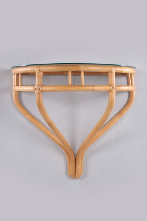 Mesa auxiliar de bambú con tapa de cristal para la pared, años 60
