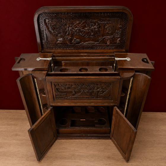 Vintage Teak Houten Thaise / Aziatische Barkkast / Drankkast / Bohemian Toog / Barmeubel (Houtsnijwerk) (photo 3 of 15)