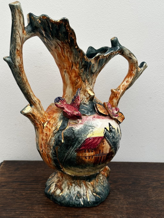 Image 1 of Vintage Barbotine vaas en landelijke decoratie - Belgisch keramiek