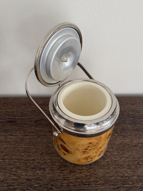 Italiaanse ijsemmer uit de jaren 60 met wortelhout en chroom, automatisch deksel, mid-century modern (photo 6 of 6)