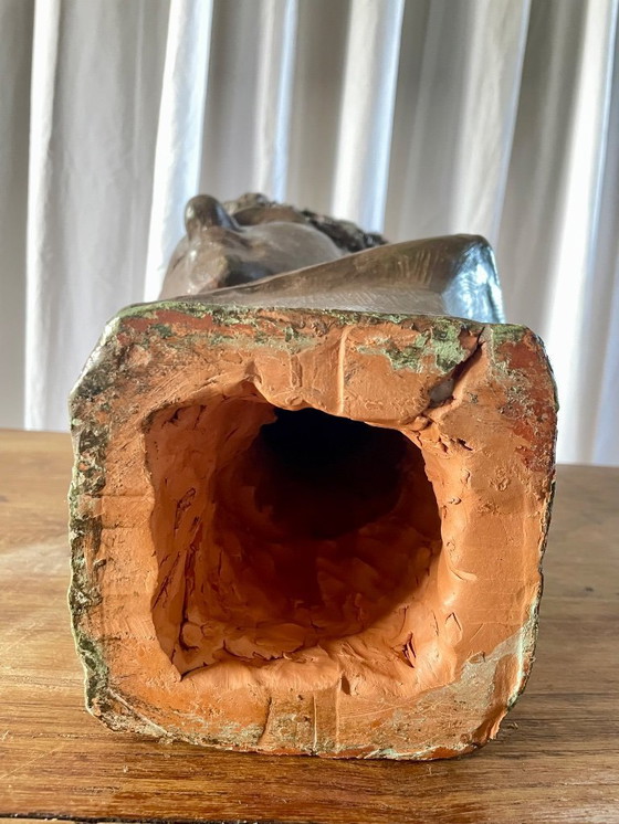 Image 1 of Terracotta bust with a bronze patina, inspired by antiquity, signed