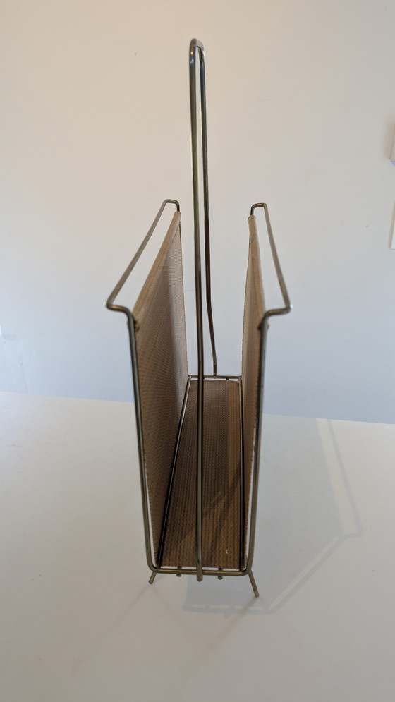 Image 1 of Swedish brass and raffia fabric magazine rack - 1960's