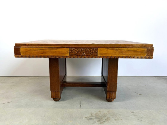 Table de salle à manger en marqueterie de chêne, années 1940 - France – Tables de salle à manger, Wood (photo 5 of 12)