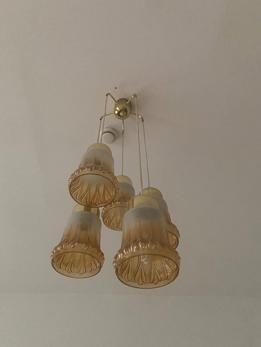 Original vintage GDR ceiling lamp with 5 glass bells