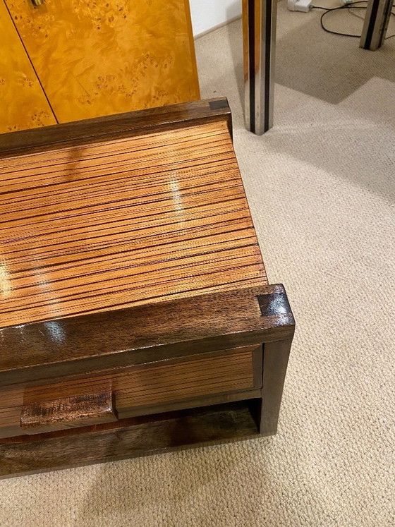 Image 1 of Art Deco nachtkastjes uit de jaren 80, gemaakt van zebra-eikenhout met vintage lades en een gelakte afwerking.