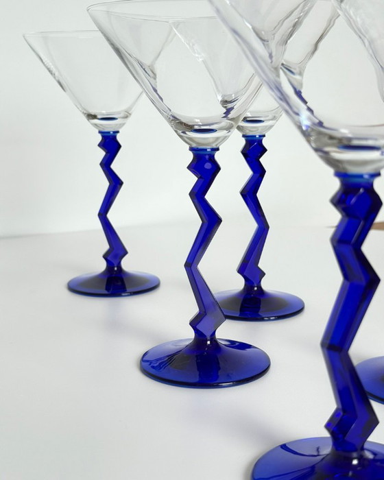 Image 1 of A set of 6 rare Martini glasses with a cobalt blue zig zag stem