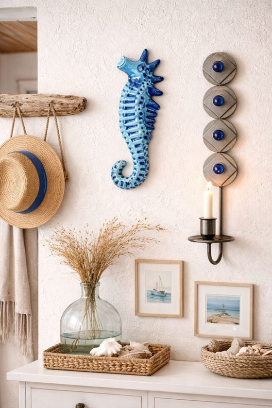 Image 1 of Zeepaardjes decoratie, patina blauwe muurdecoratie, kunst, kustdecoratie, aquablauwe keuken, strand