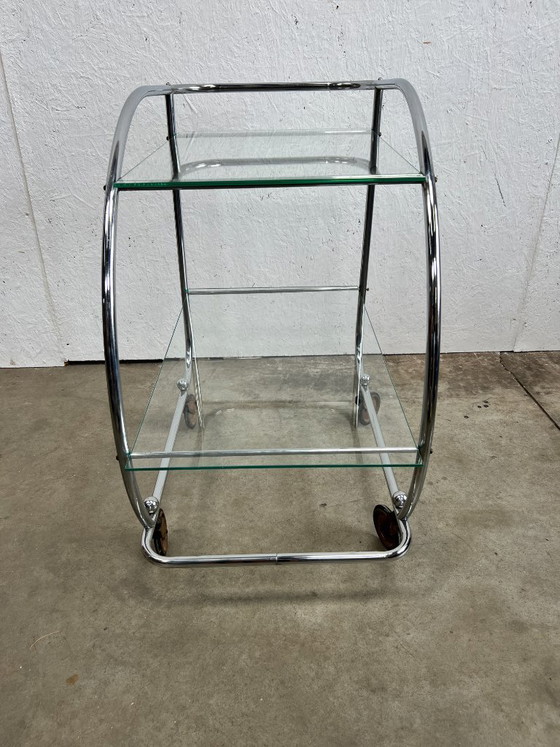Image 1 of Vintage Chrome Art Deco Trolley with Glass Shelves, Netherlands 1930s