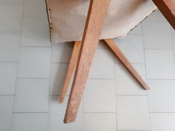 Image 1 of PAIRE DE FAUTEUILS BRIDGE VINTAGE 1950 PIEDS COMPAS CHENE & SIMILI-CUIR HAVANE