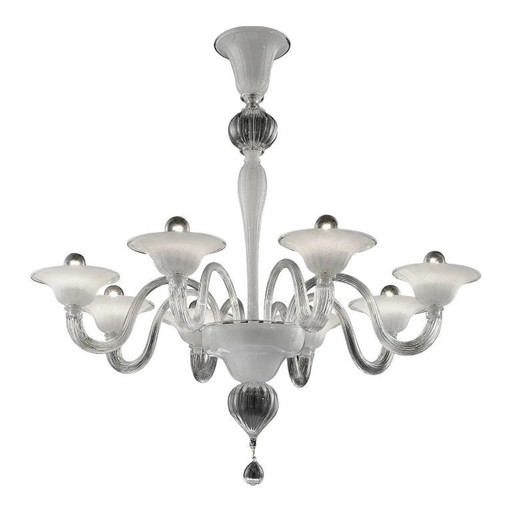 Moderner venezianischer Murano-Glas-Kronleuchter in transparenten und weißen Tönen mit Silberblatt