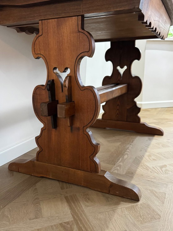 Image 1 of Antique German / Alpine Trestle Table With Drawer