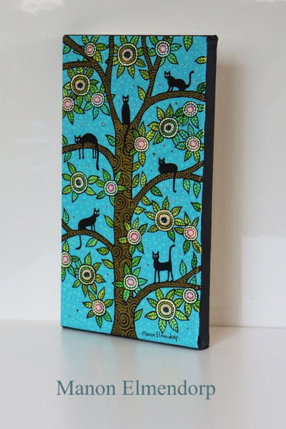 Image 1 of Unique Hand-Painted Small Painting Cats in Tree 30x18 cm Unique Hand-Painted Small Painting Cats in Tree 30x18 cm