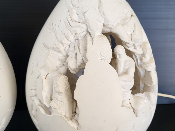 Image 1 of PAIRE DE LAMPES OEUF VINTAGE 1970 MYTHOLOGIE GRECQUE PLATRE PIERRE PONCE 70S