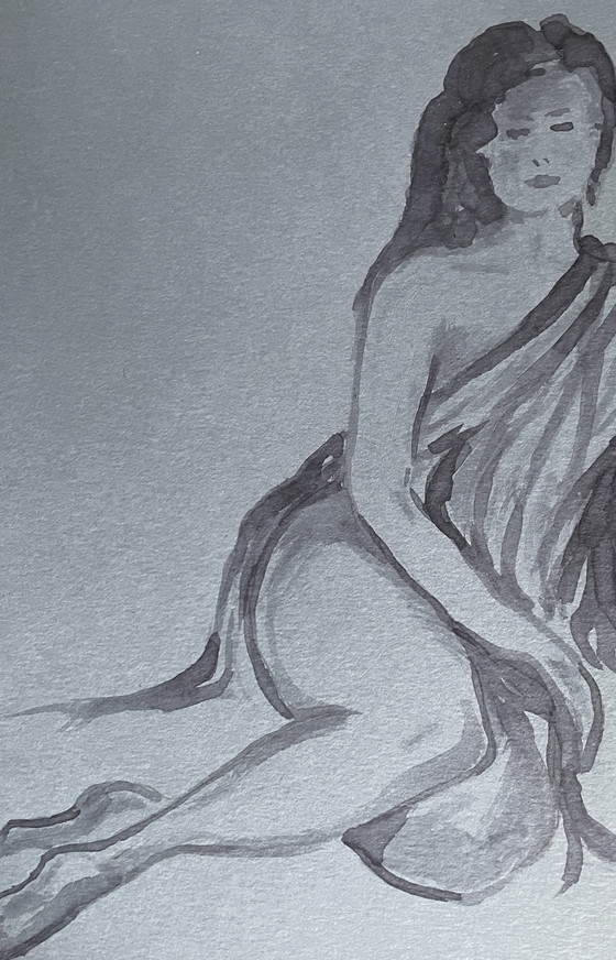 Image 1 of Aquarelle Monochrome sur Papier Denim - Portrait Féminin