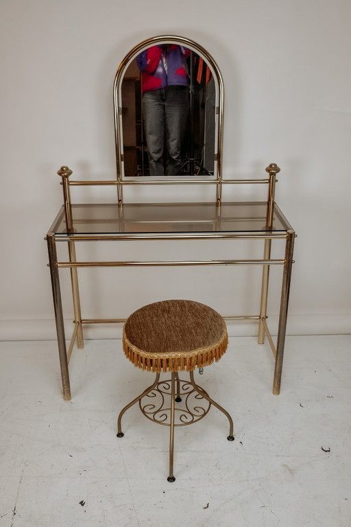 Vintage brass vanity table with stool