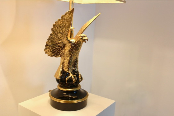 Coppia di Grandi Lampade da Tavolo Scultura Aquila in Ottone Belga per DeKnudt, Seta, Mid Century Modern (foto 10 di 16)