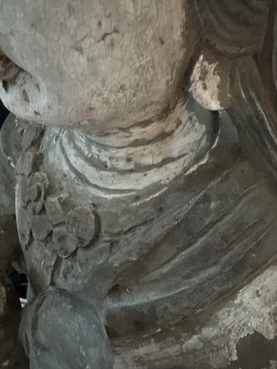 Image 1 of Monumentale, handgeschnitzte chinesische/südostasiatische Tempelstatue aus Holz – Polychromie – 128 cm (Guanyin/Bodhisattva)