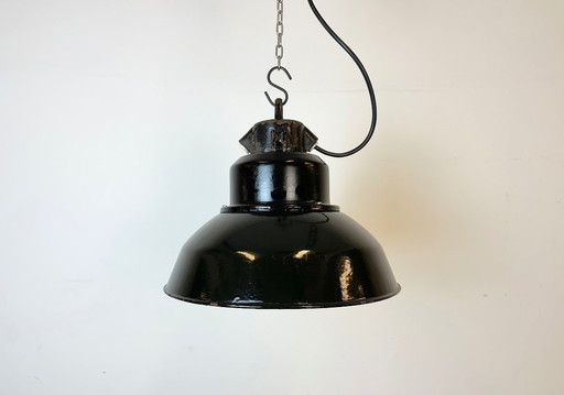 Industrial Black Enamel Factory Lamp with Cast Iron Top, 1960s