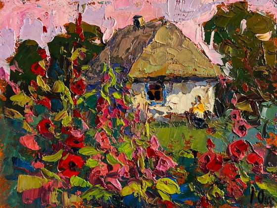 Image 1 of Original Oil Painting Summer Flowers Landscape Mallows are blooming in the garden