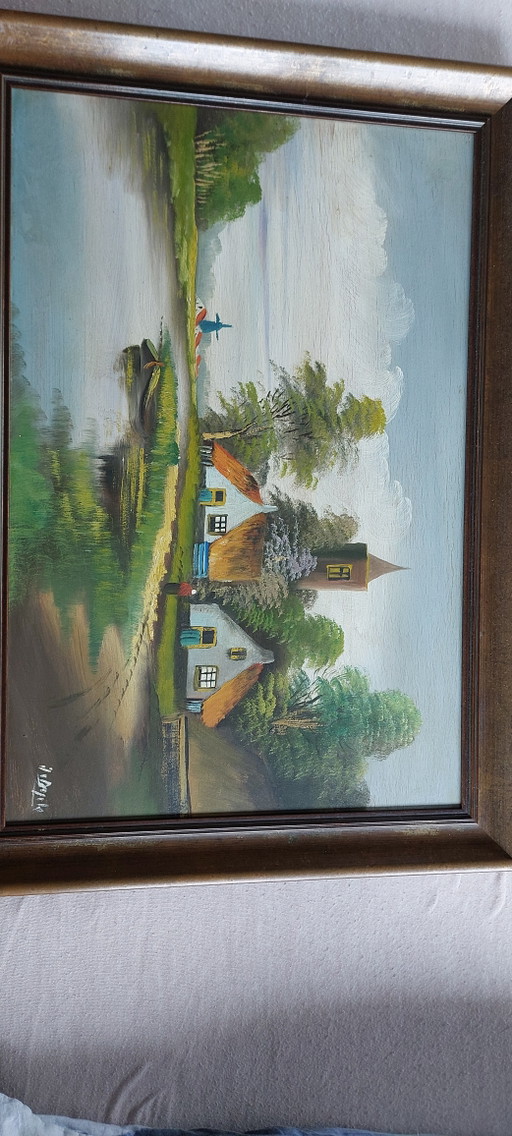 Painting Farm and Church on Panel with Beautiful Frame