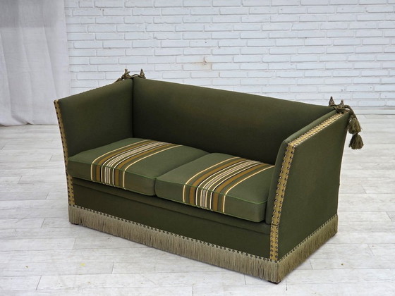 1970s, Danish 2-seater drop arm "Spanish" sofa, furniture wool. – 2 seaters, Wood (photo 4 of 20)