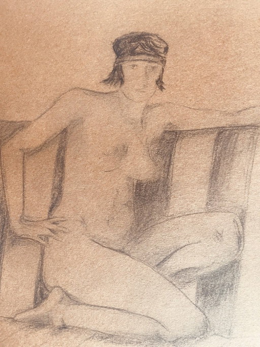 Charcoal drawing, Art Deco portrait of a woman, signed, "The Sofa"