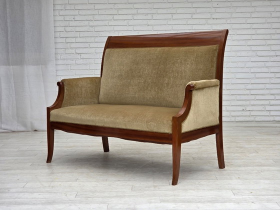 Image 1 of 1950s, 2 Seater Danish Highback Sofa, Furniture Velour, Laqered Teak Wood.