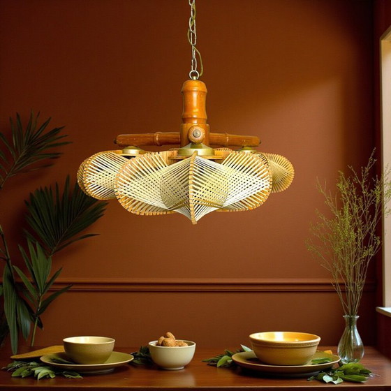 Image 1 of Lampadario rustico in legno con 3 luci in paglia di legno, anni '60