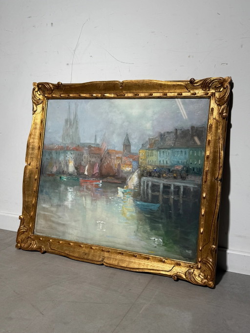 Alexandre Macette – Paisaje portuario en acuarela – Enmarcado – 76 x 65 cm – schilderijen tekeningen