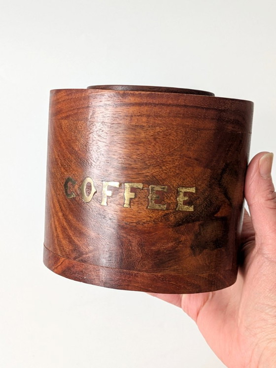 Image 1 of Midcentury Teak Coffee Canister with Brass Inlay Letters, Danish Modern Wooden Storage Jar