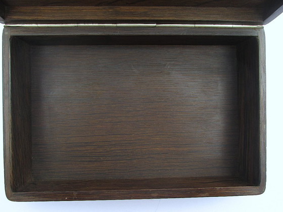 Image 1 of Danish Design Bog Oak Wood Mid-Century Cigarette Box, Signed and Hallmarked, with Sterling Silver Inlaid Floral Design