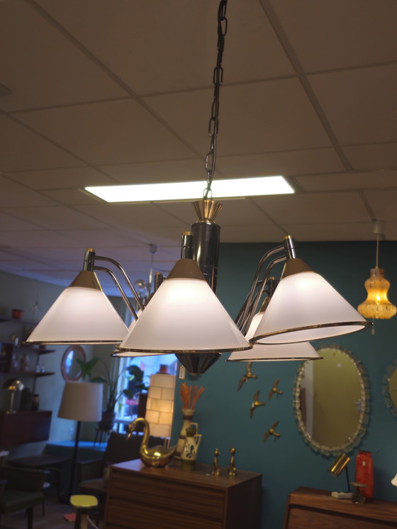 Image 1 of Vintage Hanging Lamp Milk Glass Brass Lamp