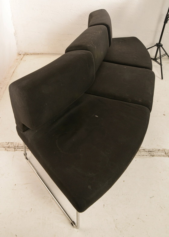 1960s 3-Piece Sofa with Two Curved Sections and One Straight Central Section, Black Fabric and Chrome Steel (photo 6 of 10)