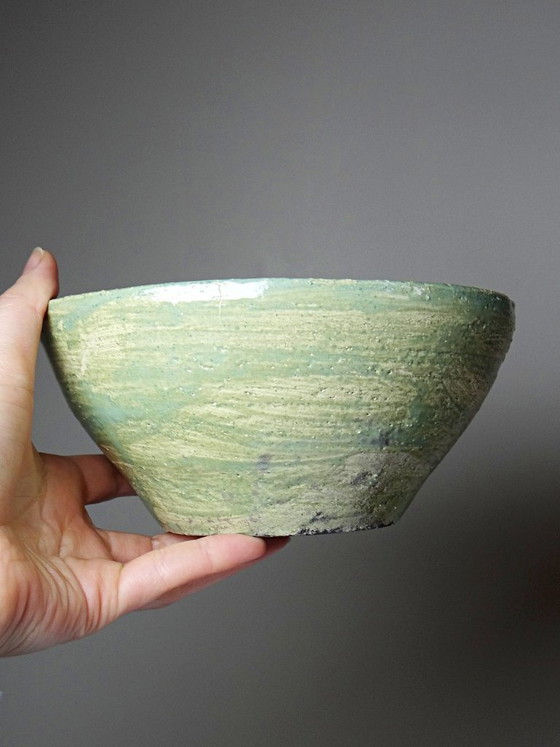 Image 1 of Vintage handmade ceramic bowl, 20th-19th century, celadon green, blue-green, Wabi-Sabi
