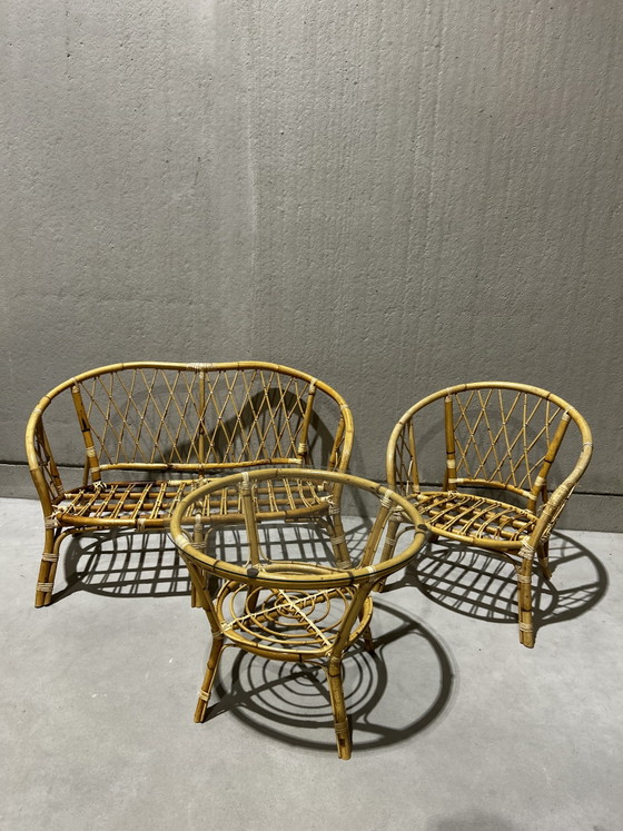 Rotan set – Vintage, Zithoek, Glass, Rattan (photo 3 of 12)