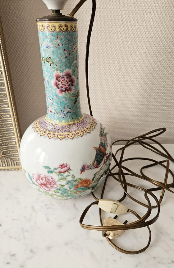 Image 1 of Large Chinese Porcelain Vase Lamp with Phoenix and Peony Decoration, Qianlong Style Calligraphy, H36cm, Excellent Condition