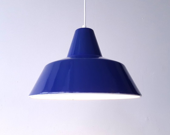 Image 1 of Louis Poulsen dark blue enamel pendant lamp, minimalist industrial Danish pendant lamp, mid-century modern dining table lamp