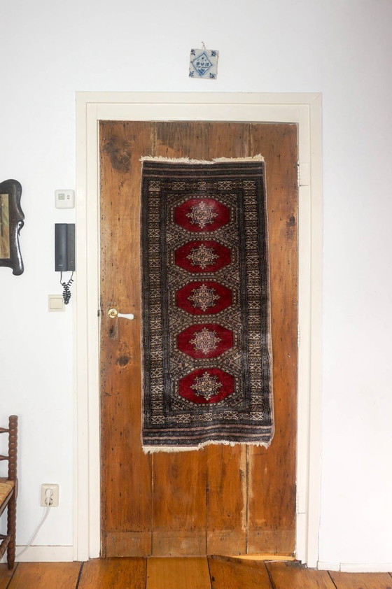 Image 1 of vintage bokhara runner rug * pakistani wool hallway carpet * purple tone and red oriental tribal rug 