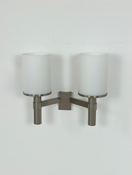 Image 1 of Aplique doble Perzel, modelo 1141, metal y cristal opalino, Francia, 1960